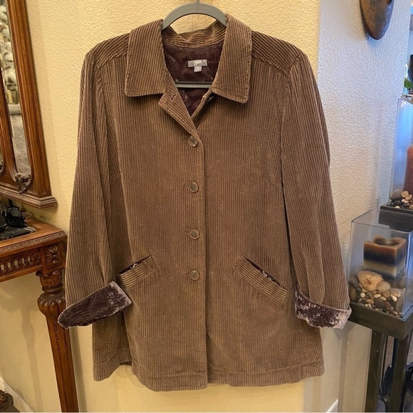 J. JILL Women Taupe Neutral Corduroy Velvet Cuffs Button Pleated Jacket- Medium - Picture 1 of 9